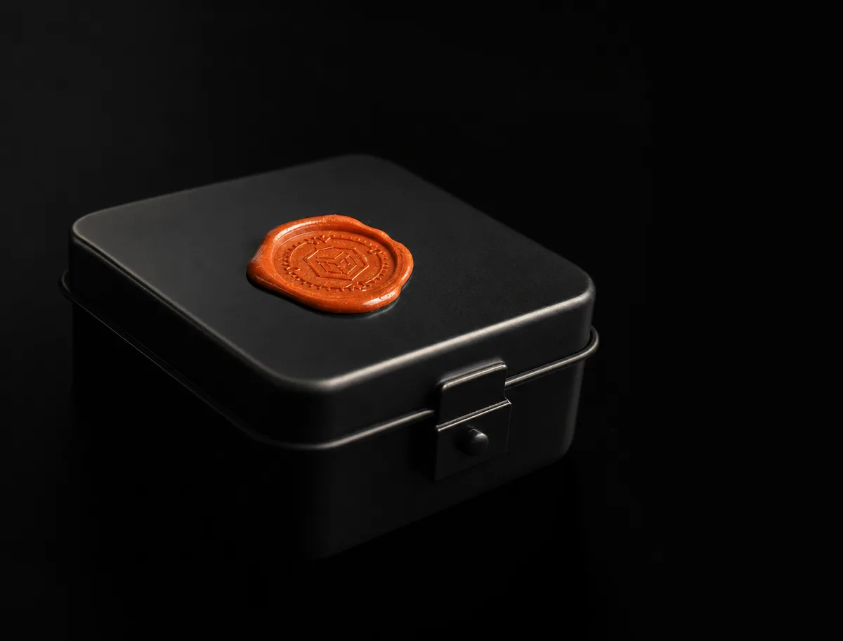 Still life: a black metal box with an ember-orange wax seal against an obsidian background — visual metaphor for the hardened sandbox