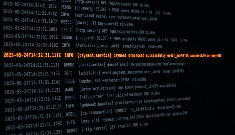 Dark terminal with cascading log lines and a single line softly highlighted in ember-orange
